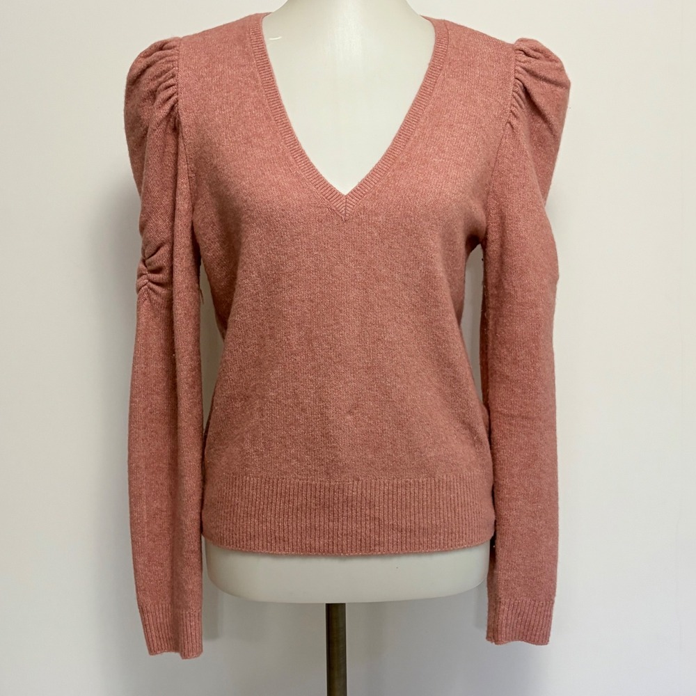 White House Black Market Sweater Medium Rose Pink Puff Shoulder Ruched V-Neck - Picture 2 of 10